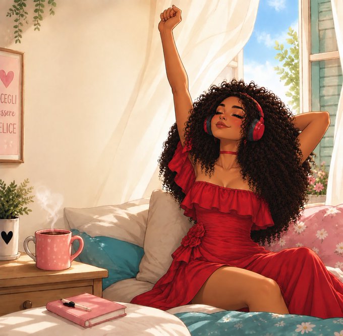 A digital illustration of a woman with voluminous curly hair wearing a red dress and red headphones, stretching with one arm raised while sitting on a bed next to a steaming mug.