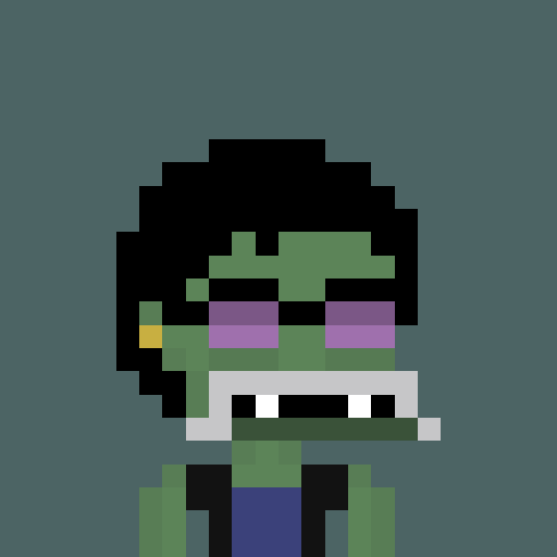 A pixel art illustration of a green-skinned zombie character with black hair, purple visor-like eyes, and exposed teeth on a gray background.