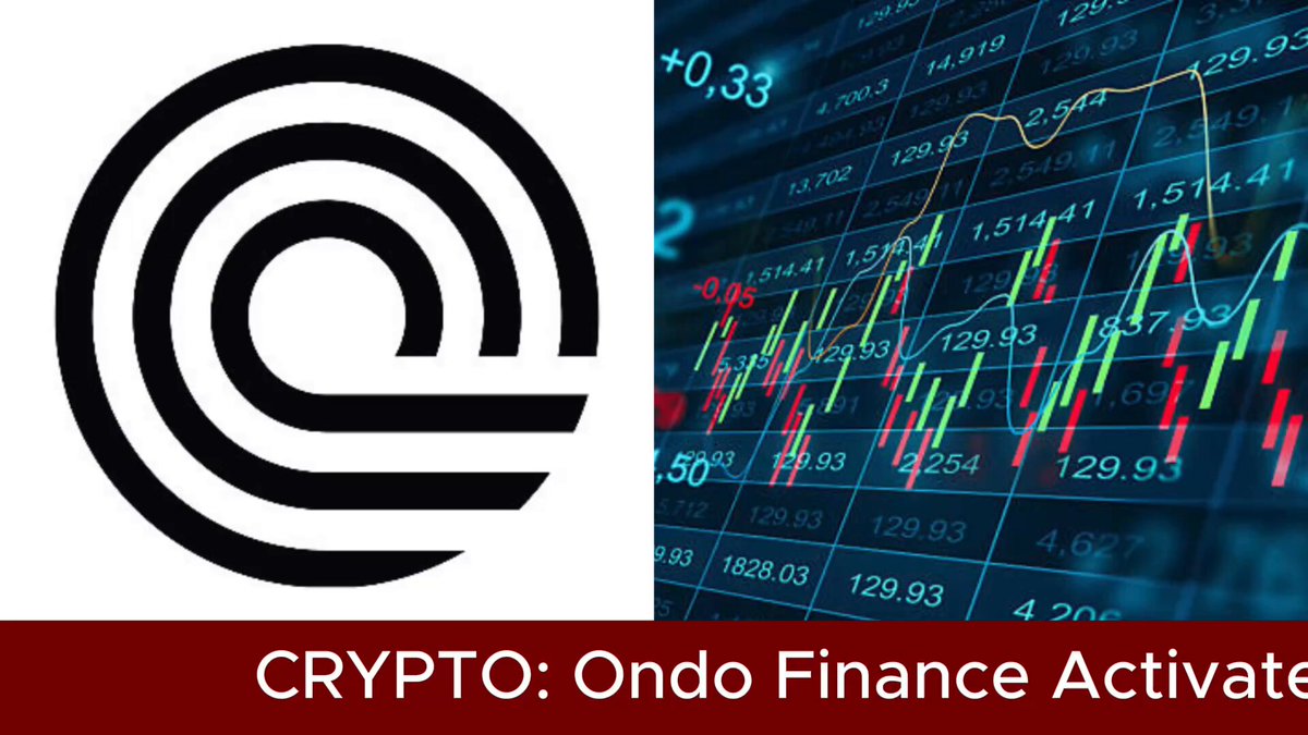 The image displays a comparison of two logos - one featuring a black circle with a white line inside representing Cryptocurrency and another displaying an equilateral triangle with a red dot at its center, symbolizing the finance industry. A title "Cypto: ONDO Finance Activate" is written underneath both designs, emphasizing that this is related to the cryptocurrency market and finance world in general. The image also includes text stating that users can now execute 24/7 for minting and redemption of tokenized equities via a dedicated app or website.