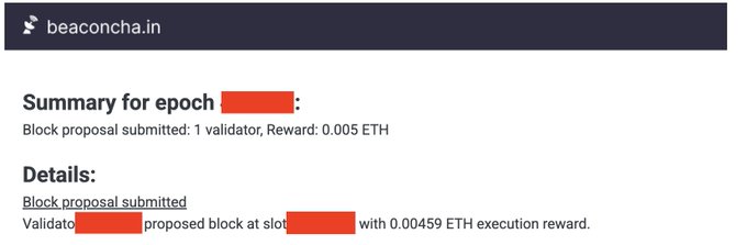 A screenshot from beaconcha.in showing an Ethereum validator's block proposal summary for an epoch, detailing a 0.005 ETH total reward (0.00459 ETH execution reward) — a modest return that underscores the poster's longing for a larger, more lucrative block.