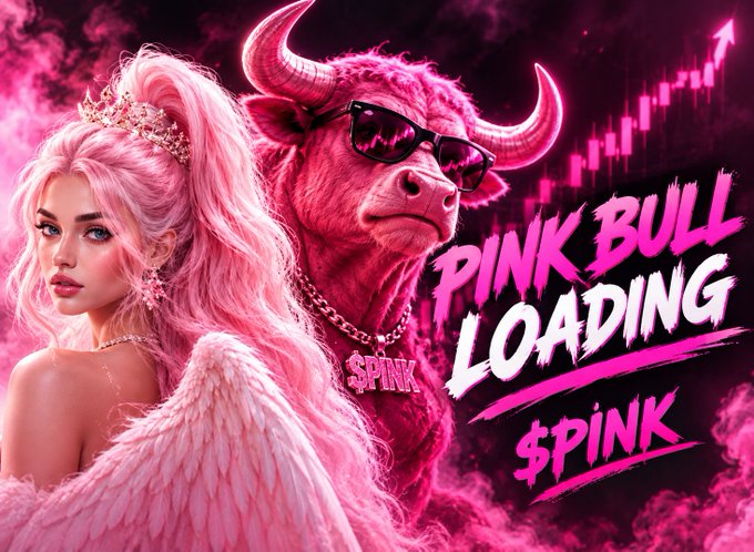 A pink-themed promotional graphic featuring a pink-haired woman and a red bull wearing sunglasses and a '$PINK' chain, with text 'PINK BULL LOADING $PINK' and an upward stock chart.