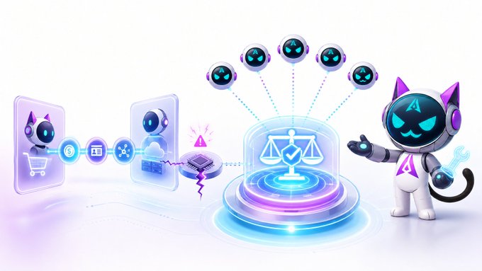 A 3D rendered AI/tech illustration featuring a cat-like robot character with purple accents, floating AI icons, scales of justice, and various digital symbols on a white background.