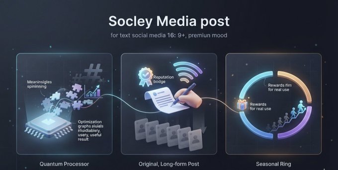 A 'Soclery Media post' infographic illustrating a process flow from a Quantum Processor to an Original Long-form Post to a Seasonal Ring, highlighting features like reputation badges and rewards.