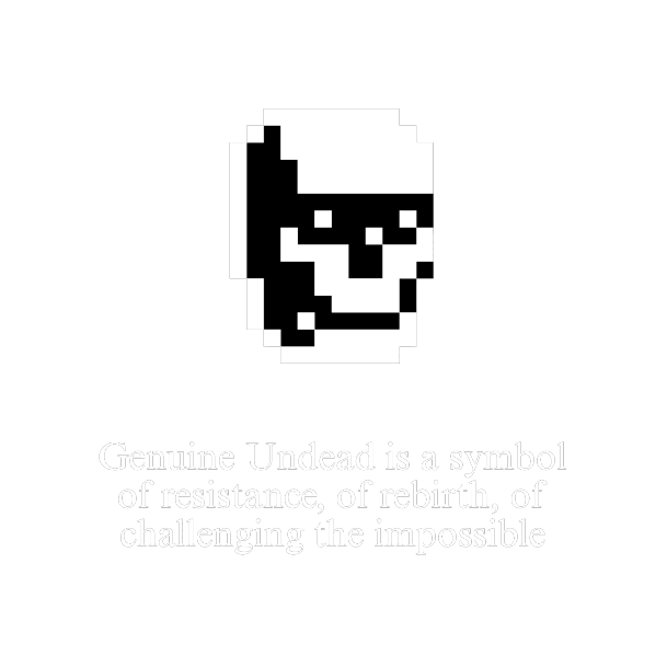 A pixel art image of a skull wearing sunglasses with text below reading 'Genuine Undead is a symbol of resistance, of rebirth, of challenging the impossible'.