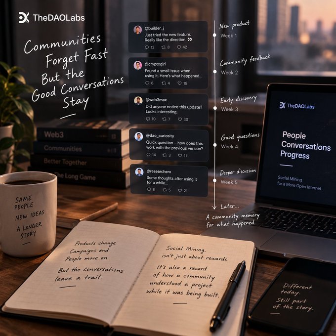 A promotional graphic for TheDAOLabs featuring the tagline 'Communities Forget Fast But the Good Conversations Stay,' showing a desk scene with a notebook, coffee mug, laptop, and a timeline of social media posts from users like @builder_j, @cryptogirl, @web3max, @dao_curiosity, and @researcherx discussing product updates, feedback, and community memory across weeks 1-5.