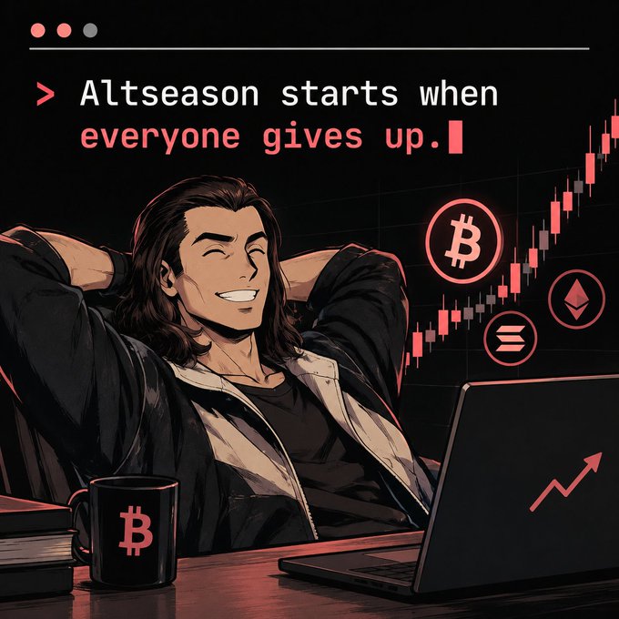An illustrated image showing a smiling man with long dark hair leaning back with his hands behind his head, sitting at a desk with a laptop displaying an upward trending chart, a Bitcoin coffee mug, and floating cryptocurrency icons (Bitcoin, Ethereum, Solana). The text reads '> Altseason starts when everyone gives up.' alongside a candlestick chart showing rising prices.