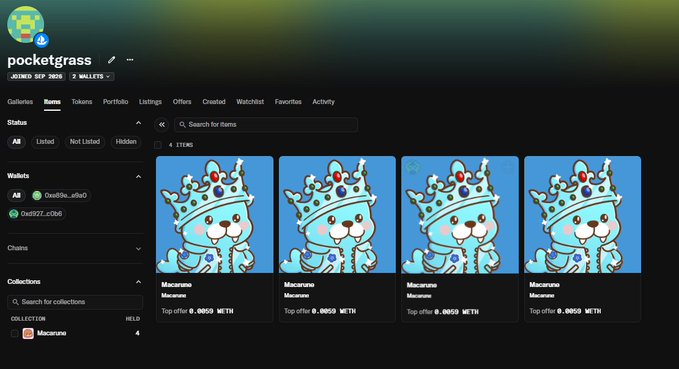 The image shows a pocketgrass.io dashboard displaying a user's NFT collection page, filtered to show four "Macarune" items from the "Macarune" collection in the "WagyuBrands" portfolio, each with a top offer of 0.9859 METH. This visual aligns with the post's enthusiasm about successfully minting Macarune NFTs during the recent Wagyu Brands drop and anticipation for Sunday's reveal.