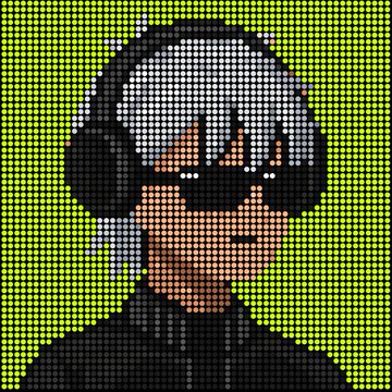A pixelated, dotted portrait of a person wearing dark sunglasses and a black shirt against a bright green background.