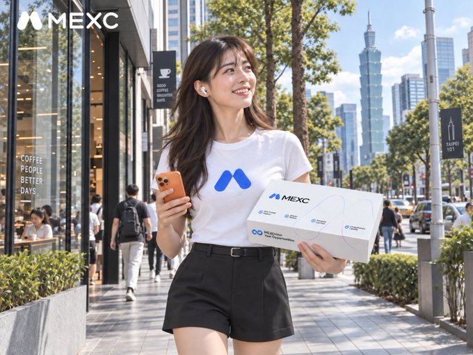 A smiling woman wearing a shirt with the MEXC logo walks down a city street holding a phone and a MEXC branded box.