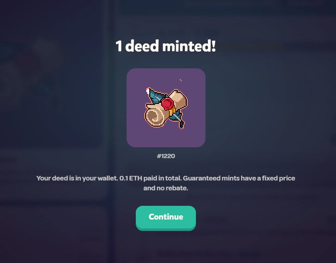 A confirmation screen for an NFT minting showing '1 deed minted!' with a pixel-art image of a donkey/mule character on a purple background, labeled '#1220', noting 'Your deed is in your wallet. 0.1 ETH paid in total. Guaranteed mints have a fixed price and no rebate.' with a teal 'Continue' button.