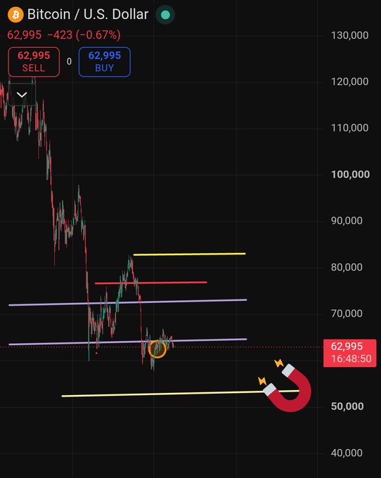A Bitcoin/U.S. Dollar candlestick chart shows BTC trading at $62,995 (-0.67%), with a circled price action near the $60,000 support level and a magnet icon pulling toward the $55,000 zone—visually reinforcing the post's prediction that BTC will hit $60,000 before recovering to $66,000.
