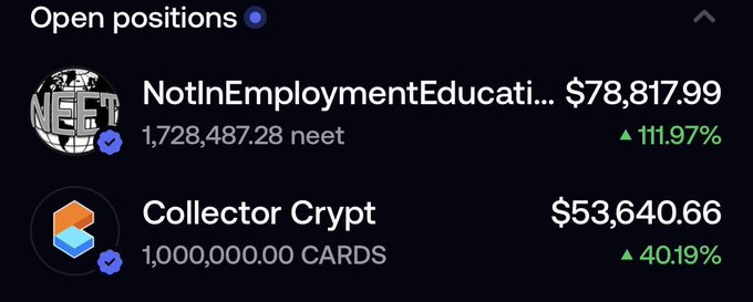 A cryptocurrency dashboard showing open positions: "NotInEmploymentEducati..." at $78,817.99 with 111.97% gain, and "Collector Crypt" at $53,640.66 with 40.19% gain.