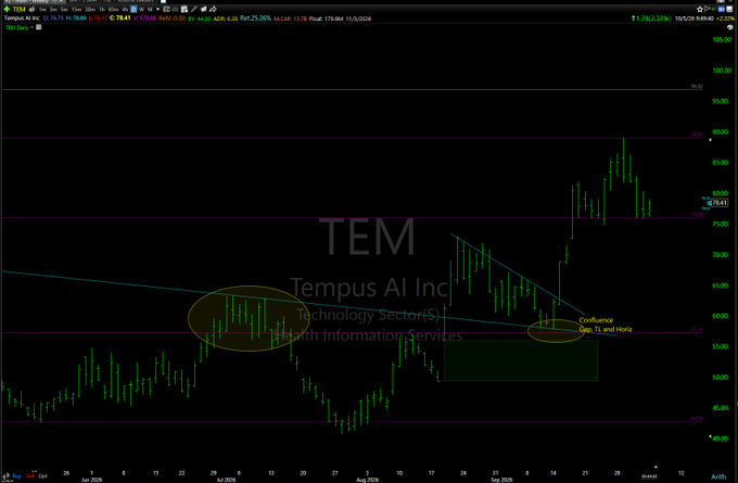 A stock chart for "TEM Tempus AI Inc" in the Health Information Services technology sector, displaying candlestick patterns with highlights labeled "Confluence" and "Slow TL and Macro" on a dark background.