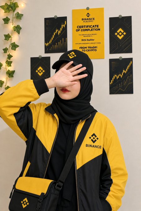 A person wearing a black hijab, a yellow and black Binance jacket, and a black Binance cap, standing in front of Binance Academy certificate of completion posters.