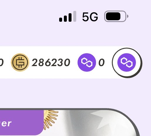 A mobile app interface screenshot showing a status bar with 5G connectivity, displaying a balance of 286230 tokens alongside Polygon (MATIC) network icons and a partially visible purple button.