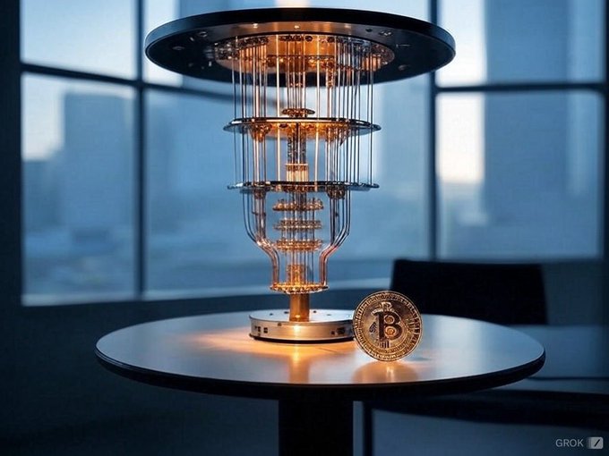 An image (watermarked "GROK") shows a complex gold and glass quantum computer or cryogenic device on a table next to a physical Bitcoin coin, with a city skyline visible through windows in the background.