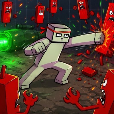 A cartoon-style illustration of a Minecraft-like character fighting red rectangular enemies with a gun and explosions in the background.