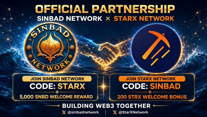 The image announces an "Official Partnership" between Sinbad Network and StarX Network, featuring two ornate circular logos flanking a glowing handshake against a dark blue background with network-style graphics. Below the logos are referral codes: "STARX" for joining Sinbad Network (offering a 5,000 SNBD welcome reward) and "SINBAD" for joining StarX Network (offering a 200 STRX welcome bonus), with the tagline "Building Web3 Together" and handles @sinbadnetwork and @StarXNetwork displayed at the bottom, reinforcing the post's announcement of a mutual ecosystem partnership and reward campaign.