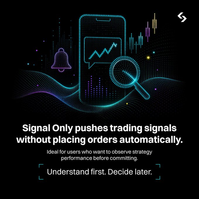 A neon-styled graphic showing a smartphone with chart graphs and a magnifying glass, accompanied by the text "Signal Only pushes trading signals without placing orders automatically," and the tagline "Understand first. Decide later." The image visually reinforces the post's message about a non-execution trading feature that lets users observe strategy performance before committing.
