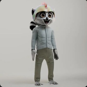 A 3D rendered character combining a ring-tailed lemur head with a human-like body dressed in casual clothing, standing against a plain background.