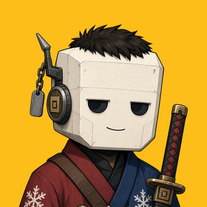 An anime-style illustration of a character with a white cube/block head, spiky black hair, wearing a red and blue outfit and carrying a katana with a red handle, set against a yellow background.
