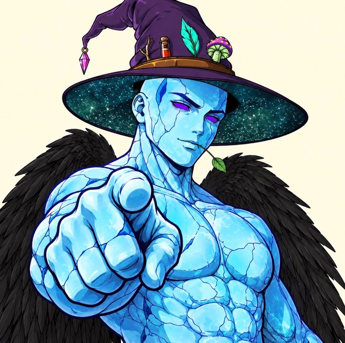A digital drawing of a muscular, blue, crystalline-skinned character wearing a wide-brimmed witch hat adorned with a leaf and mushroom, and dark wings, pointing towards the viewer.
