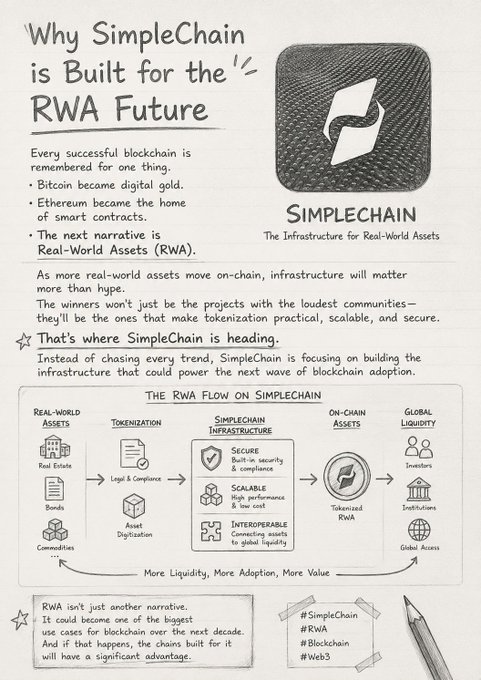 An infographic titled 'Why SimpleChain is Built for the RWA Future,' explaining its infrastructure for real-world assets, tokenization flow, and partnerships, tagged #SimpleChain #RWA #Blockchain #Web3.