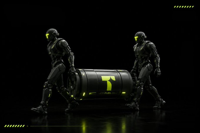 Two sleek humanoid robots carry a black barrel labeled "T FUEL" with neon yellow accents, mirroring the post's description of Tirea AI as an "AI Agent fuel layer" by visually representing agents transporting its core "fuel." The dark, futuristic aesthetic and industrial handling of the fuel canister reinforce the project's image as a foundational resource for AI agents.