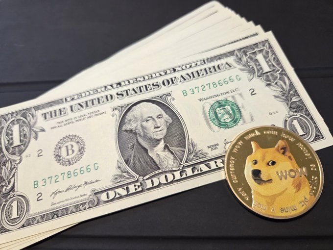 A Dogecoin (DOGE) coin rests on a fan of US one-dollar bills featuring George Washington's portrait, symbolizing the comparison between physical fiat currency and cryptocurrency highlighted in the post's predictions. The hashtags #BTC #ETH #XRP #DOGE indicate a forecast for the crypto market, with the image visually reinforcing the juxtaposition of Dogecoin against traditional money.