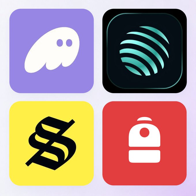 A grid of four colorful app icons, including a white ghost on purple, a teal sphere on black, a black dollar sign on yellow, and a white beanie-like figure on red.