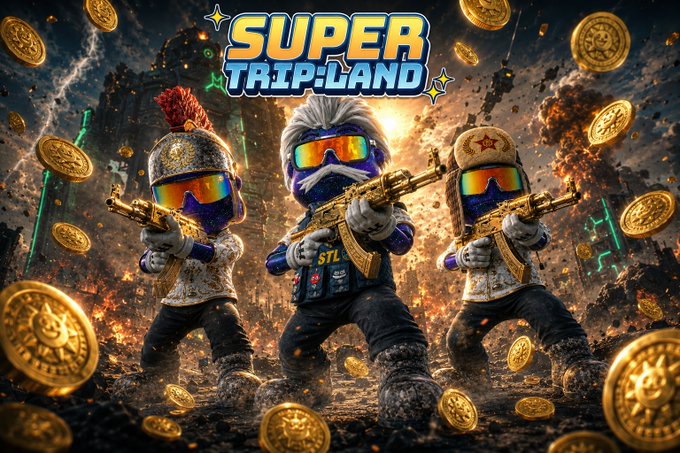 Promotional graphic for 'SUPER TRIP-LAND' featuring three cartoon mascot characters wearing ski goggles and holding golden rifles, surrounded by flying gold coins against an apocalyptic battle background.
