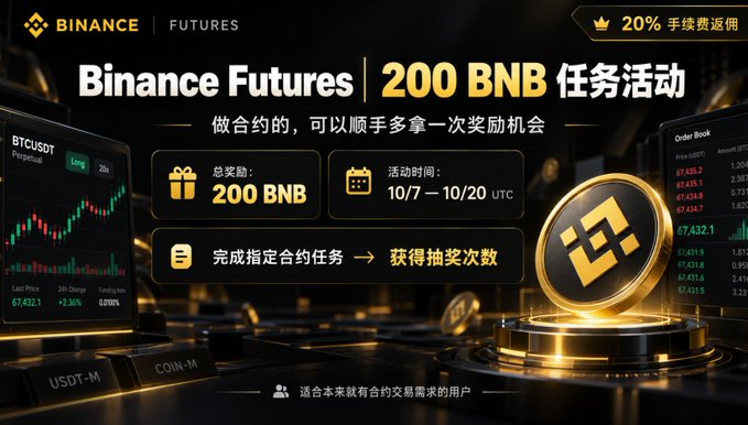 A black-and-gold Binance Futures promotion reads “Binance Futures | 200 BNB 任务活动,” “20% 手续费返佣,” “总奖励 200 BNB,” “活动时间 10/7 — 10/20 UTC,” and “完成指定合约任务 → 获得抽奖次数,” with crypto chart panels in the background.