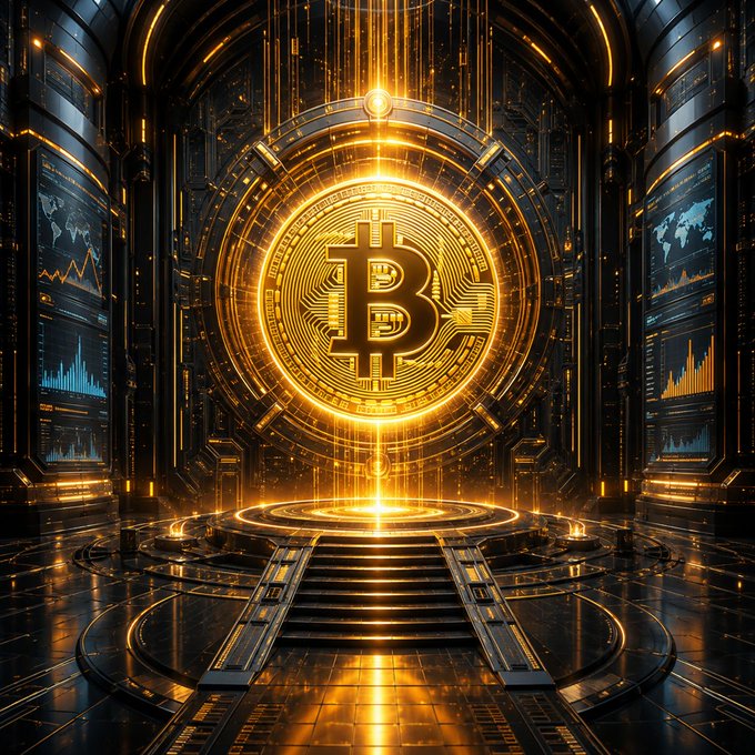 A digital illustration featuring a glowing golden Bitcoin logo centered within an intricate, futuristic mechanical structure with data displays on either side.