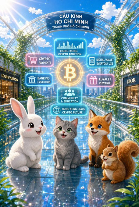 A vibrant illustration of cute animals (rabbit, kitten, fox, squirrel) gathered in a futuristic Hong Kong setting with glowing Bitcoin icons, surrounded by labels like "HONG KONG CRYPTO ADOPTION," "CRYPTO PAYMENTS," "DIGITAL WALLET EVERYDAY USE," "BANKING EVOLUTION," "LOYALTY REWARDS," "COMMUNITY & EDUCATION," and "HONG KONG LEADS CRYPTO FUTURE," visually reinforcing the post's message about Hong Kong's shift toward embracing cryptocurrency.