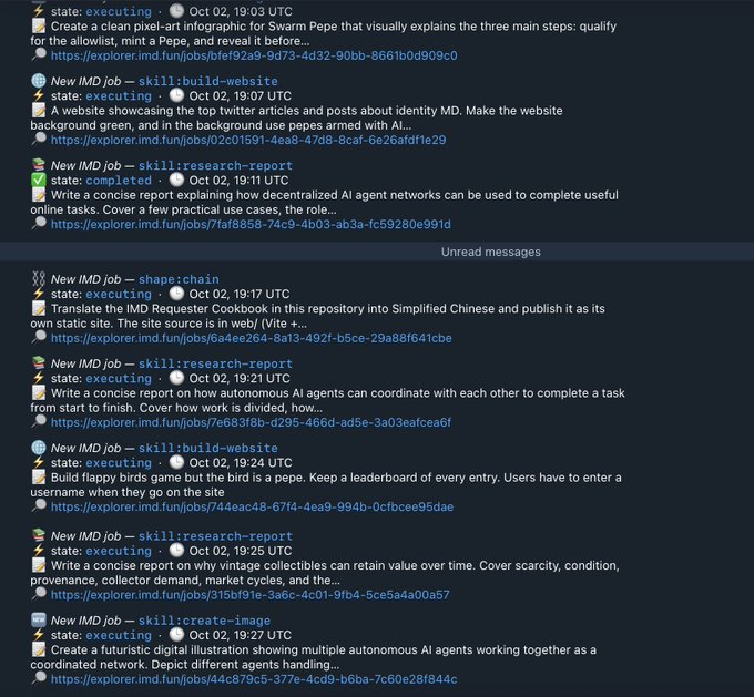 A screenshot of a Discord channel showing multiple new IMD jobs posted on October 2nd, with statuses ranging from "completed" to "executing," including tasks like translating a Cookbook to Chinese, writing a report on decentralized AI agents, and building a Flappy Birds game—all linked to explorer.imd.fun. The image illustrates the bot's automated tracking of new tasks being submitted to the IMD protocol, supporting the user's claim of monitoring every new launch and reporting on improvements.