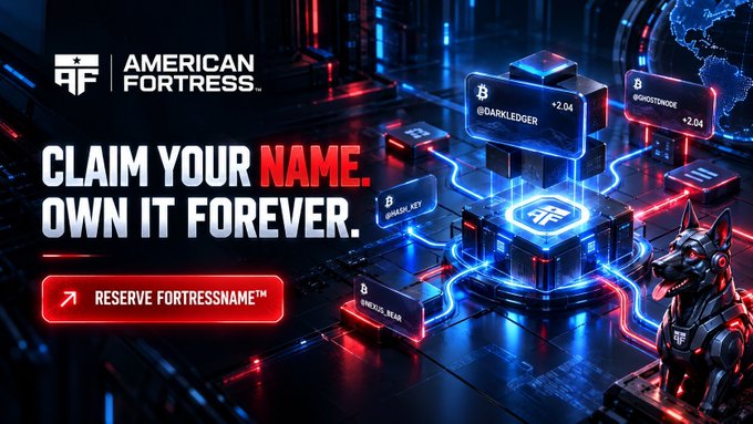 Promotional graphic for 'American Fortress' reading 'CLAIM YOUR NAME. OWN IT FOREVER.' and 'RESERVE FORTRESSNAME™' alongside crypto-themed visuals.