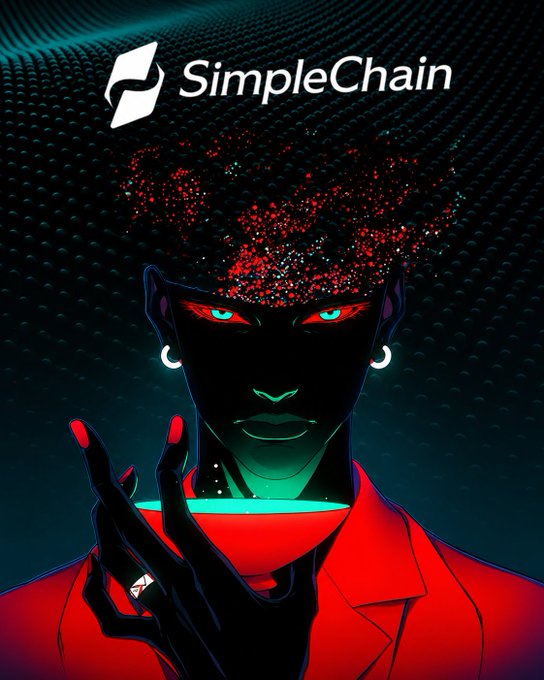 The image features a woman with red hair wearing a red jacket holding a drink in her hand. The background of the image has a patterned design, which adds an artistic touch to the overall composition. The caption below the image reads "SimpleChain is building more than just another blockchain", indicating that the company is focused on creating secure and transparent infrastructure for real-world asset adoption.