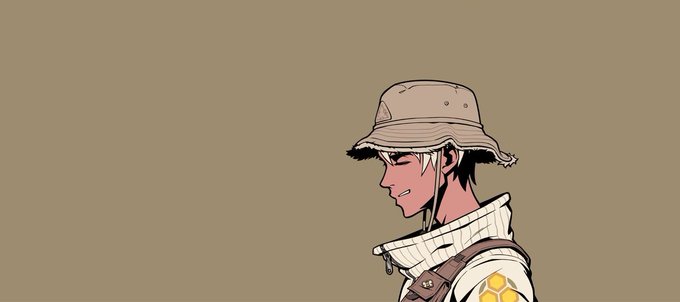 An anime-style illustration of a smiling young man wearing a bucket hat and a white turtleneck with a yellow hexagonal pattern, shown in profile against a plain olive-green background.