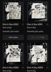 A dark-themed interface showing a grid of token entries labeled 'One A Day' (#262, #261, #260, #259) with 'phanelle julia rosita' and 'One A Day' as names, including a 'View token' button and a Buy option at $2.00.