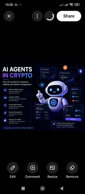 A mobile screenshot displaying a promotional graphic titled 'AI AGENTS IN CRYPTO' featuring a blue robot mascot surrounded by dashboard widgets showing metrics like 'Portfolio Overview', 'AI Return', and 'Asset Rank', with features listed including 'Research Opportunities', 'Analyze Portiols', 'Find the Best Decks', 'Execute Transactions', and 'Manage Your Wallet'.