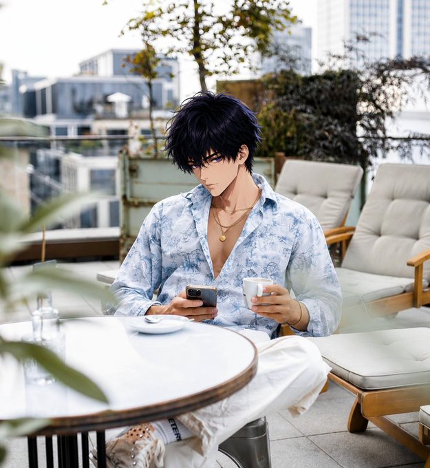 An anime-style male character with dark messy hair and purple eyes sitting at an outdoor café table, wearing a blue floral shirt and holding a smartphone and coffee cup.