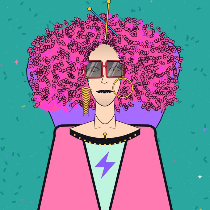 A stylized illustration depicts a woman with voluminous pink curls, red rectangular sunglasses, large earrings, a pink jacket, and a lightning-bolt shirt against a teal background.