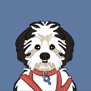 A cartoon illustration of a cute fluffy white and dark brown puppy with a red collar and blue tag against a solid blue background.