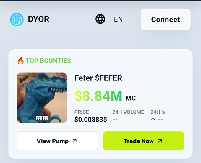 A DYOR platform interface displays "TOP BOUNTIES" featuring the token Fefer $FEFER with an $8.84M market cap at a price of $0.008835. The image supports the post's bullish sentiment toward $FEFER, highlighting its current $8.84M market cap as a stepping stone toward the predicted 20m mcap milestone.