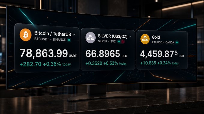 Digital display showing financial prices: Bitcoin/TetherUS at 78,863.99 USDT (+0.36%), Silver at 66.8965 USD (+0.53%), and Gold at 4,459.875 USD (+0.24%).