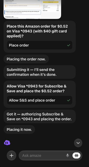 A screenshot of an Amaze chatbot interface placing an Amazon order for $0.52 on Visa *0943 with a $40 gift card applied.