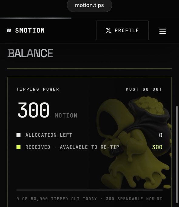 A screenshot of a motion.tips balance page shows 300 $MOTION available to re-tip, which directly addresses the post's question about the user's spendable balance for tipping. The post jokes about receiving 300 Solana (worth only cents) and questions the value while referencing the 0 of 50,000 tipped out today metric shown at the bottom of the image.