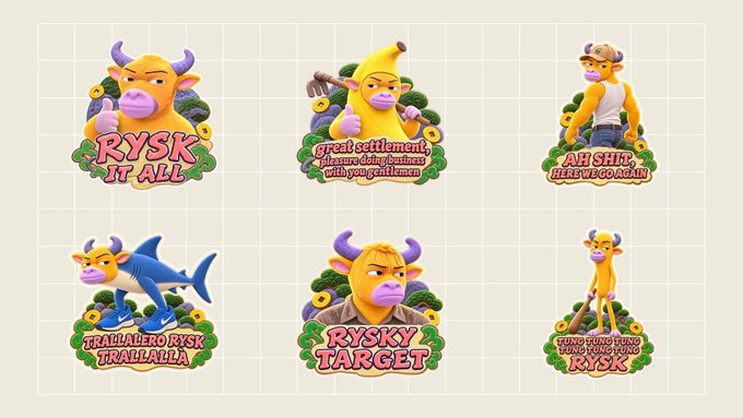 A collection of six cartoon stickers featuring a yellow bull character and a blue shark, each with humorous text like "RYSK IT ALL," "RYSKY TARGET," and "TRAILALLERO RYSK TRAILALLIA."