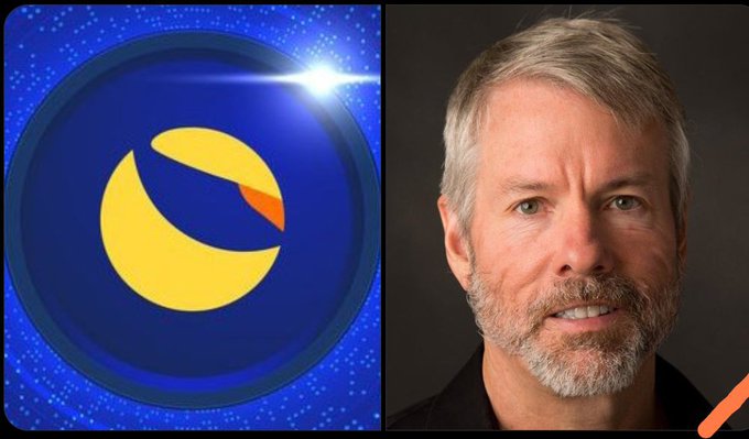 A split image shows the Terra/Luna cryptocurrency logo on the left and a headshot of an older bearded man (Michael Saylor) on the right.
