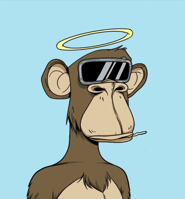 A cartoon monkey wearing futuristic ski goggles, a glowing yellow halo, and casually smoking a cigarette—styled as a Bored Ape Yacht Club NFT—paired with a caption celebrating the poster's journey from entering web3 in 2021 to making six figures and buying their first bitcoin by 2024.
